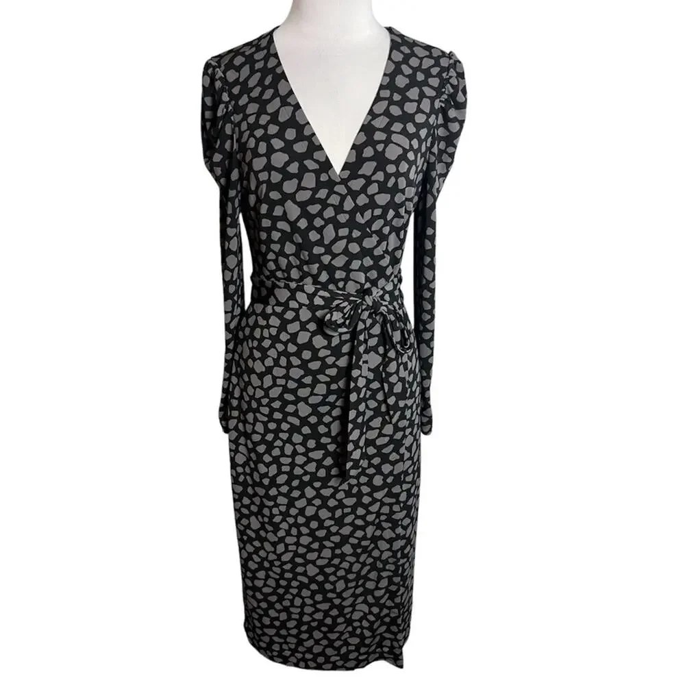 Ann Taylor Black‎ Giraffe Print Matte Jersey Wrap Dress black gray Sz 4
